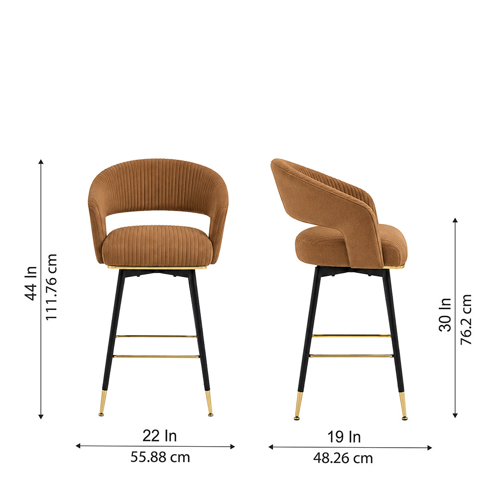 Mixoy Brown Velvet Counter Height Bar Stool with Black Metal Legs & Gold Accents