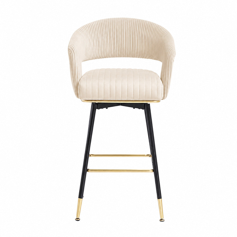Mixoy Beige Velvet Counter Height Bar Stool with Black Metal Legs & Gold Accents