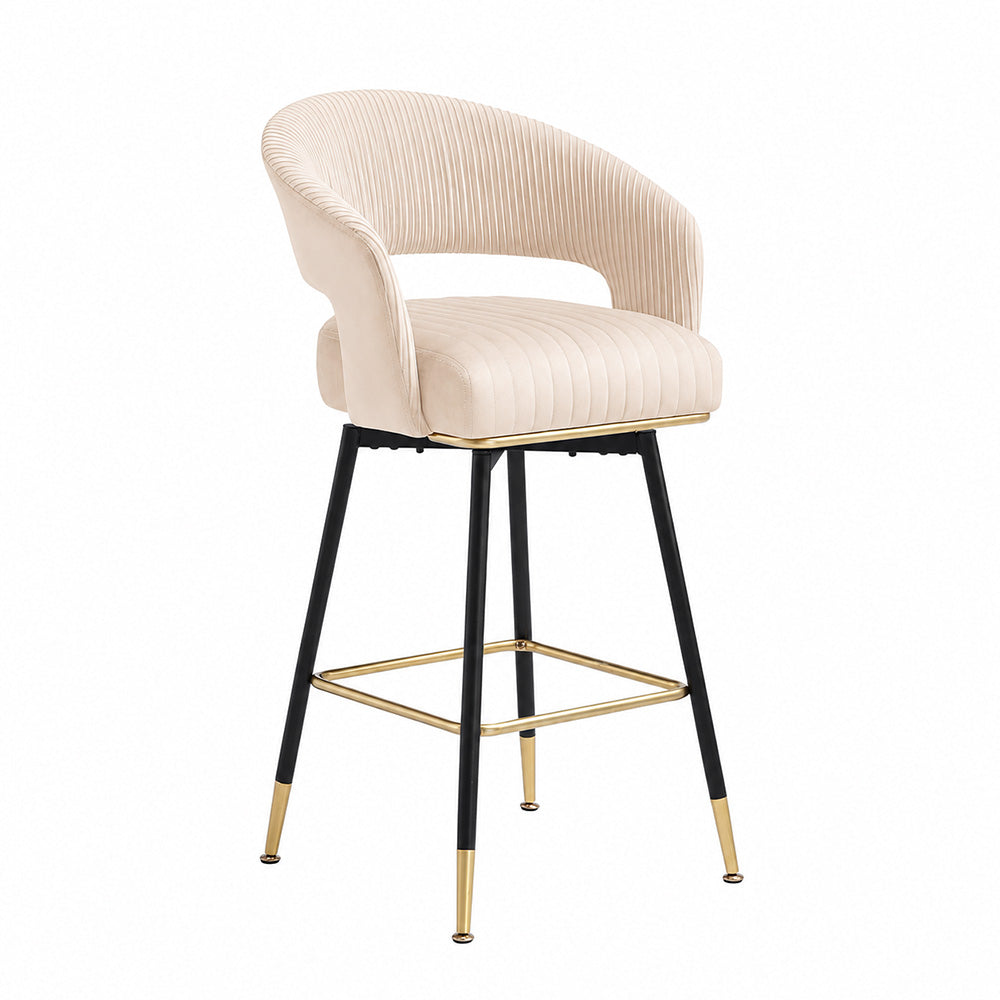 Mixoy Beige Velvet Counter Height Bar Stool with Black Metal Legs & Gold Accents