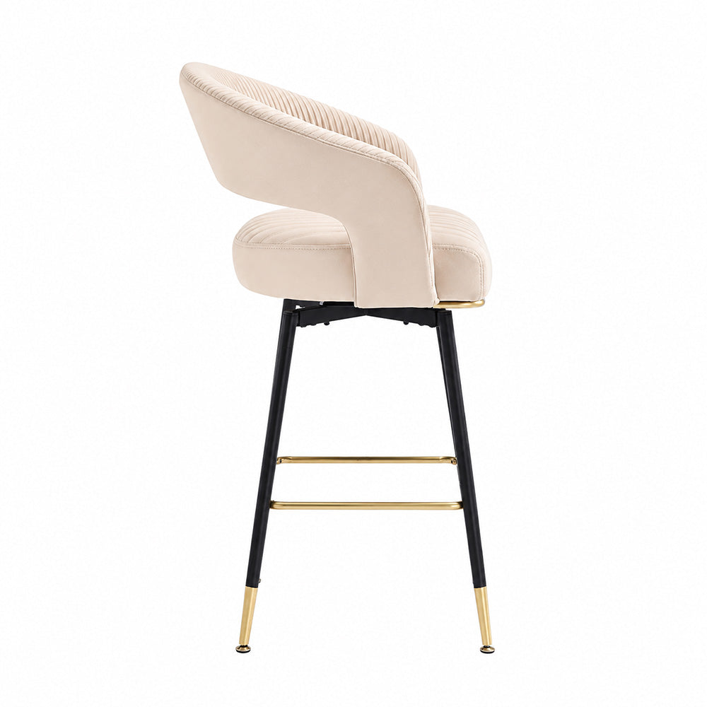 Mixoy Beige Velvet Counter Height Bar Stool with Black Metal Legs & Gold Accents