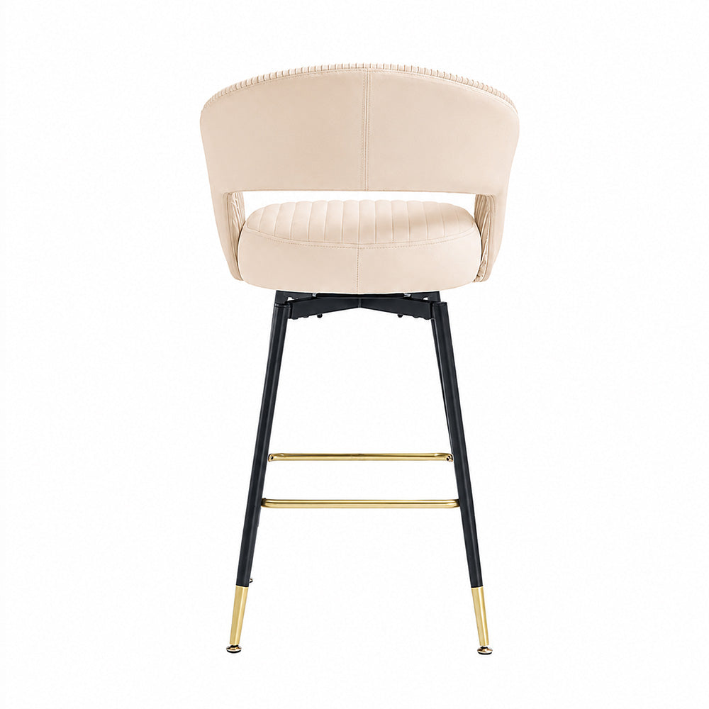 Mixoy Beige Velvet Counter Height Bar Stool with Black Metal Legs & Gold Accents