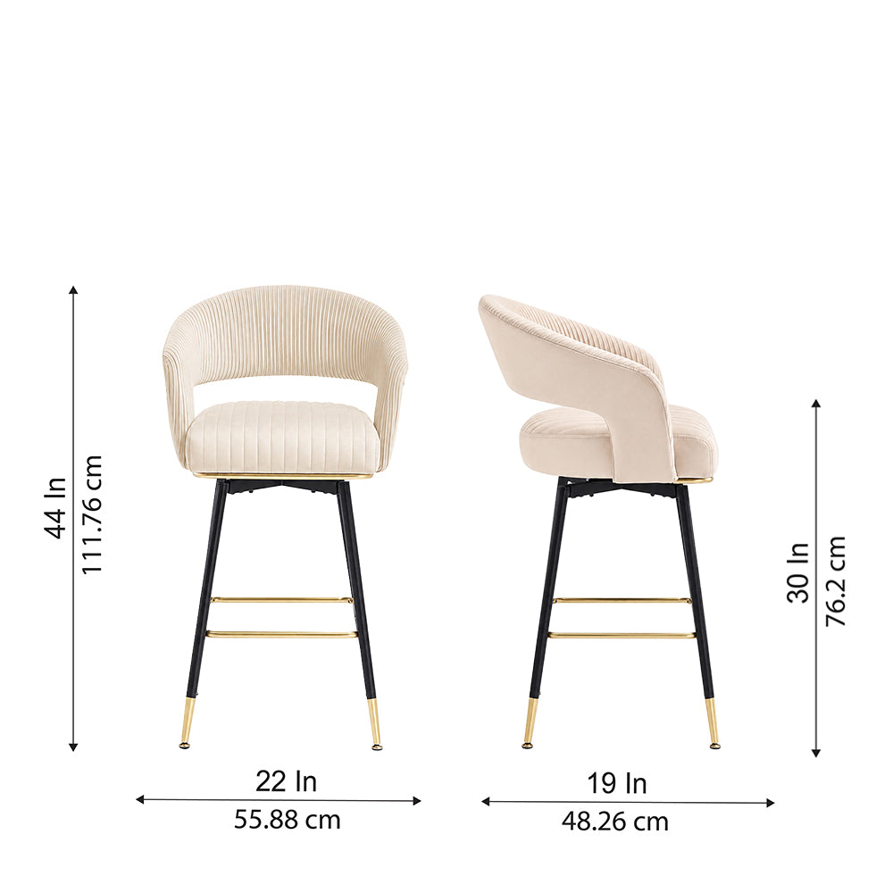 Mixoy Beige Velvet Counter Height Bar Stool with Black Metal Legs & Gold Accents