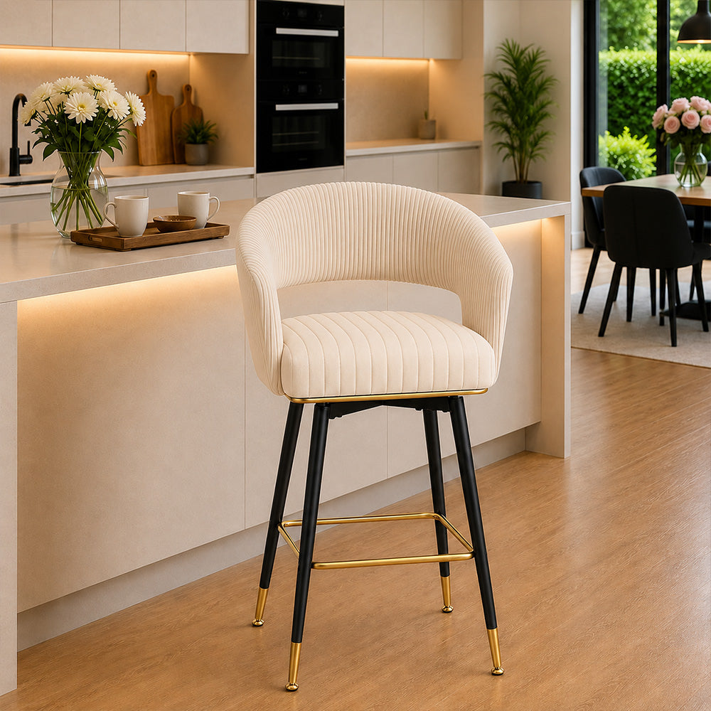 Mixoy Beige Velvet Counter Height Bar Stool with Black Metal Legs & Gold Accents
