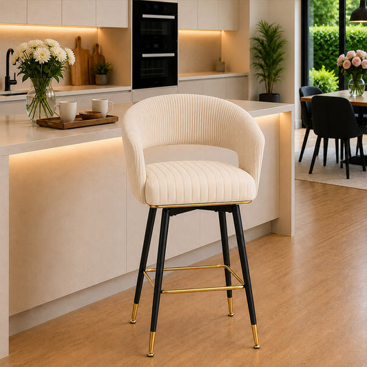 Mixoy Beige Velvet Counter Height Bar Stool with Black Metal Legs & Gold Accents