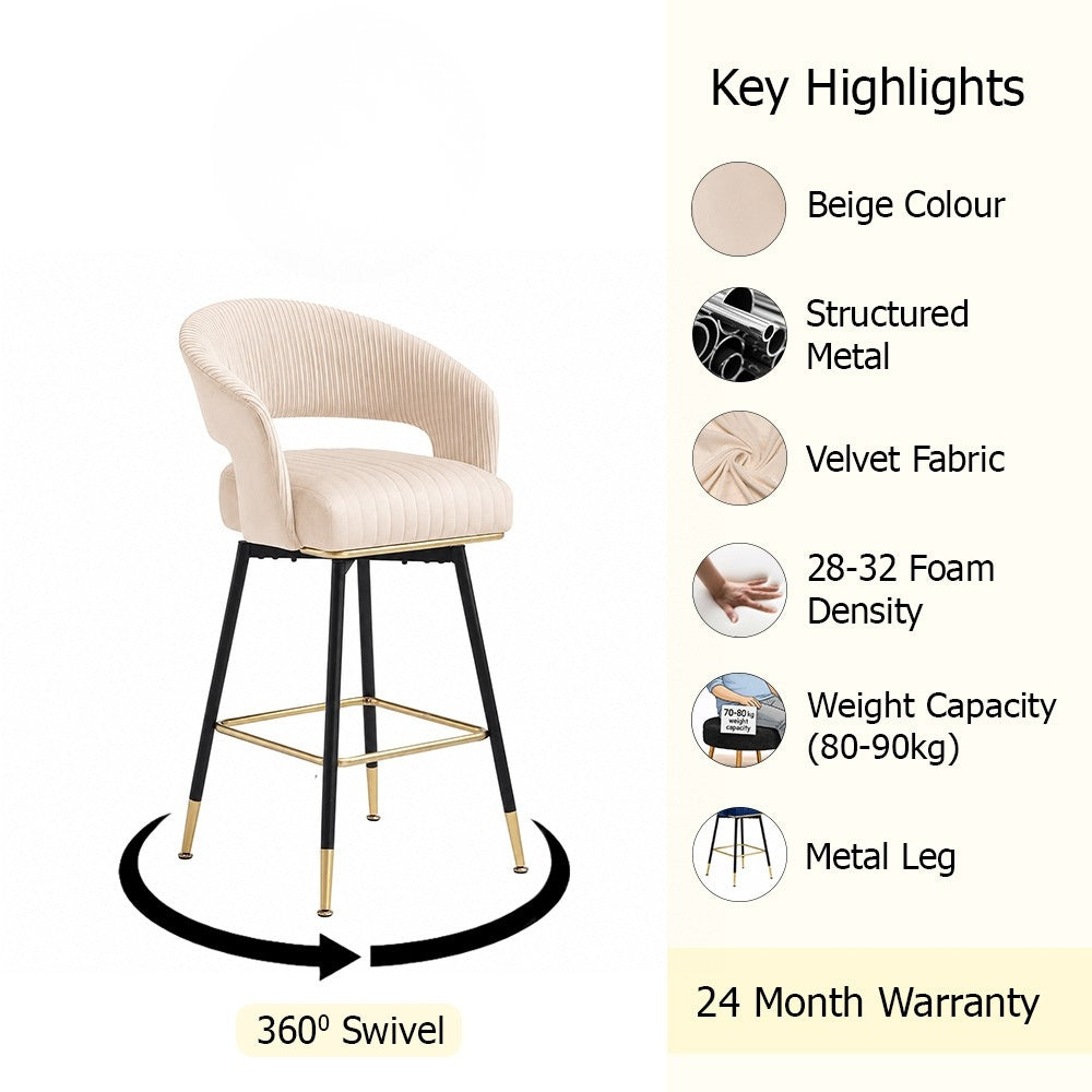 Mixoy Beige Velvet Counter Height Bar Stool with Black Metal Legs & Gold Accents