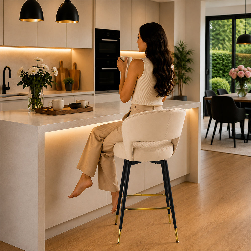 Mixoy Beige Velvet Counter Height Bar Stool with Black Metal Legs & Gold Accents