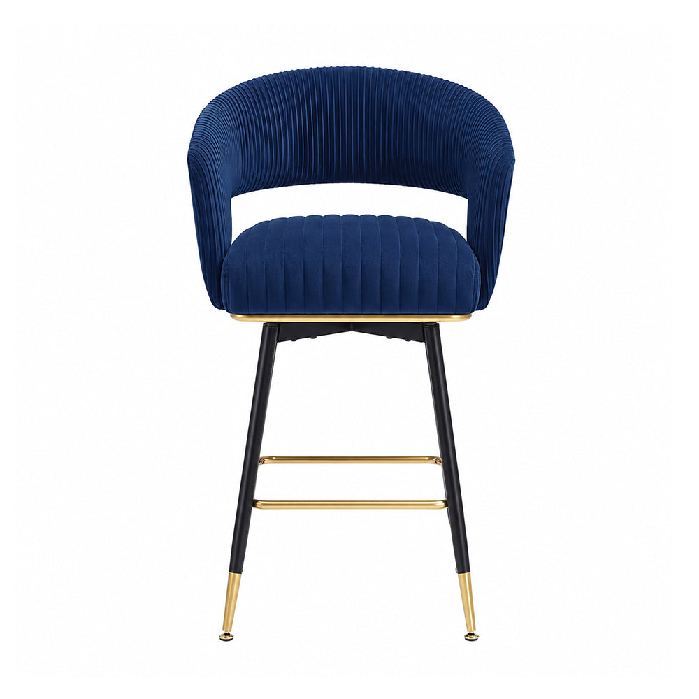 Mixoy Blue Velvet Counter Height Bar Stool with Black Metal Legs & Gold Accents