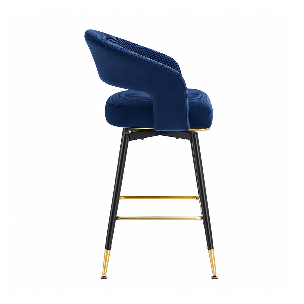Mixoy Blue Velvet Counter Height Bar Stool with Black Metal Legs & Gold Accents