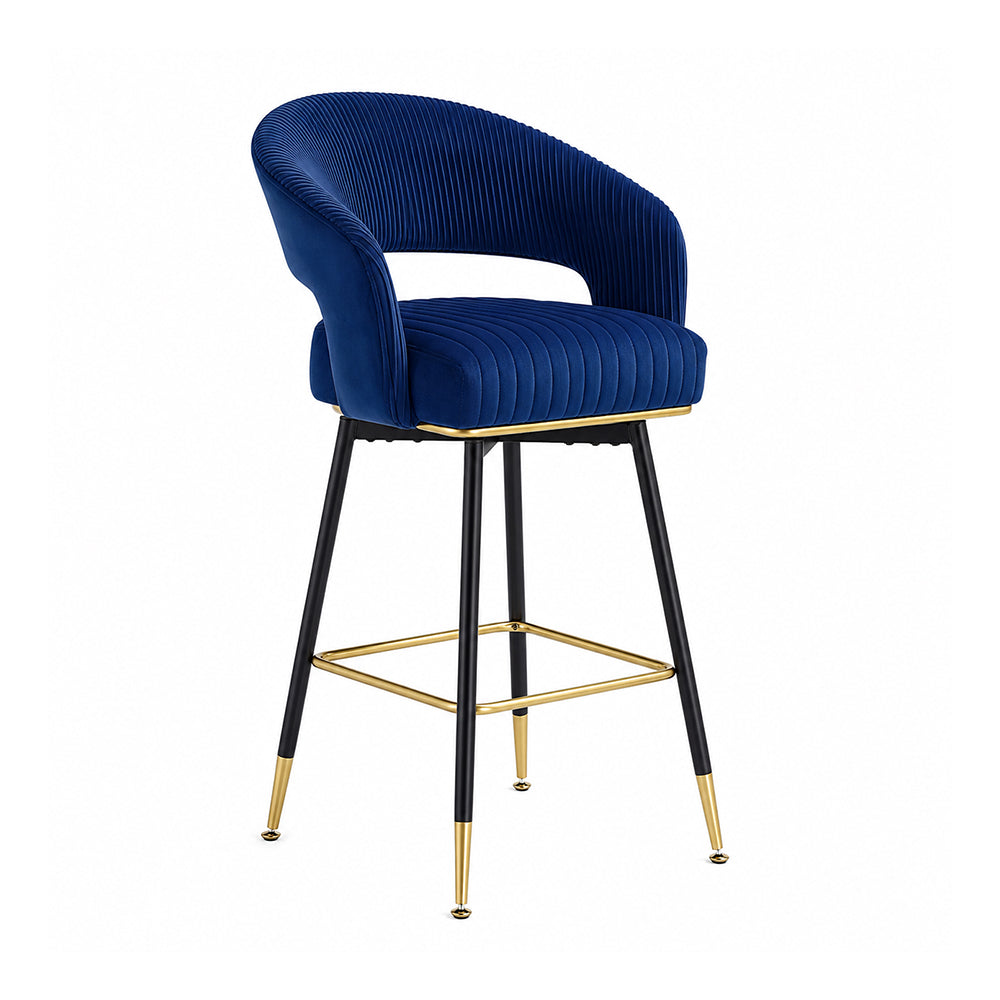 Mixoy Blue Velvet Counter Height Bar Stool with Black Metal Legs & Gold Accents