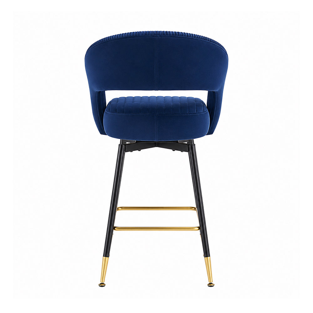 Mixoy Blue Velvet Counter Height Bar Stool with Black Metal Legs & Gold Accents