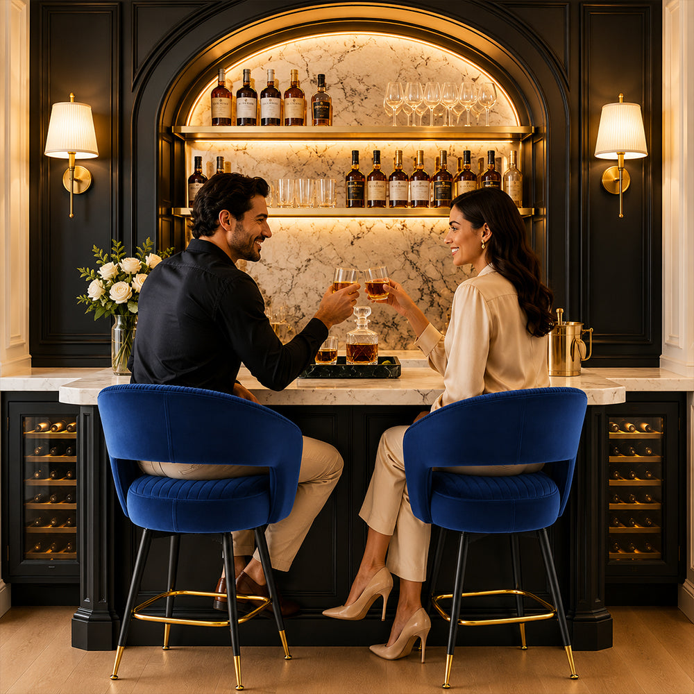 Mixoy Blue Velvet Counter Height Bar Stool with Black Metal Legs & Gold Accents