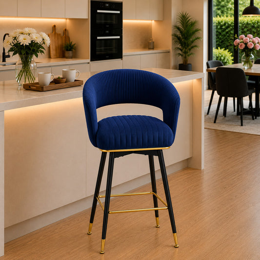 Mixoy Blue Velvet Counter Height Bar Stool with Black Metal Legs & Gold Accents