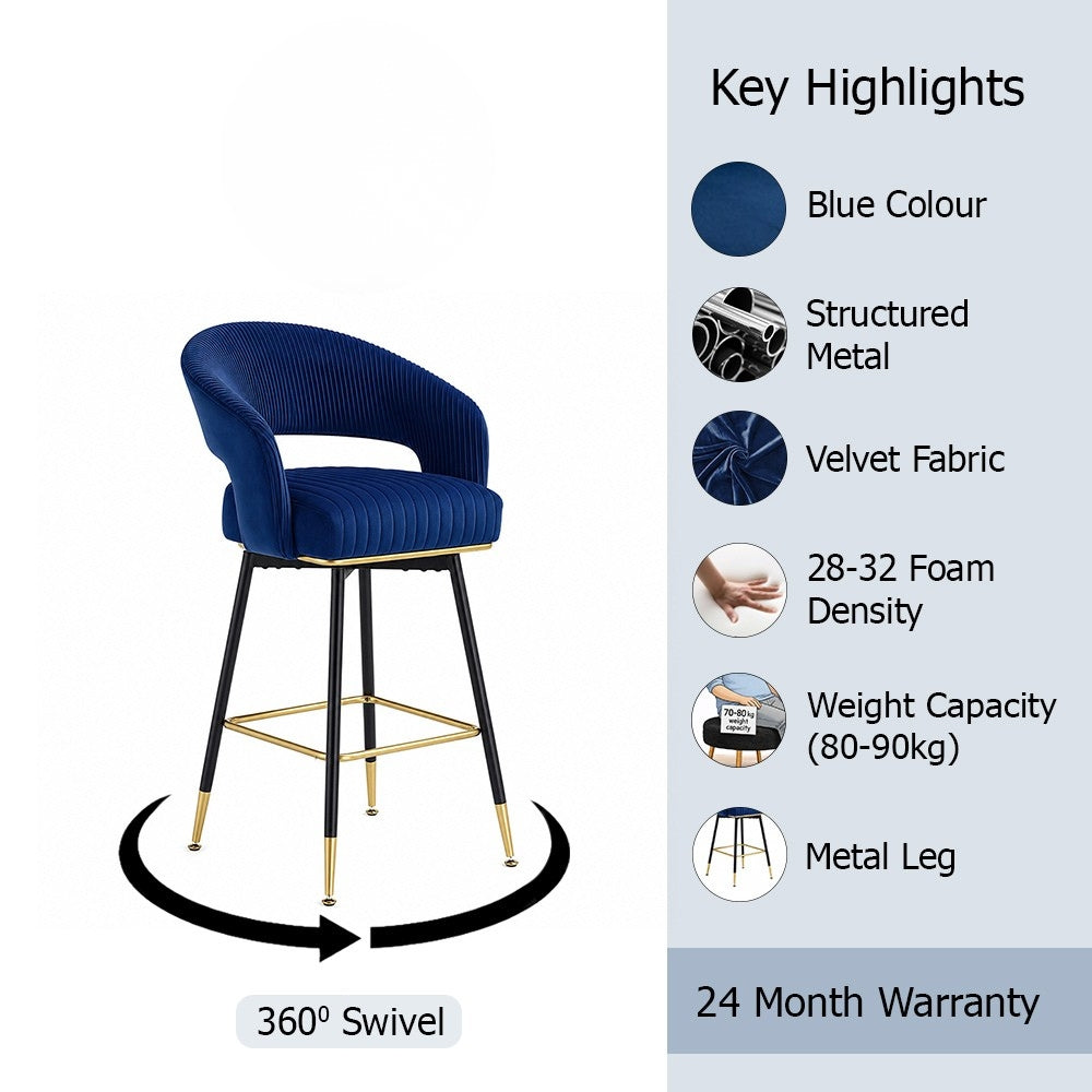 Mixoy Blue Velvet Counter Height Bar Stool with Black Metal Legs & Gold Accents