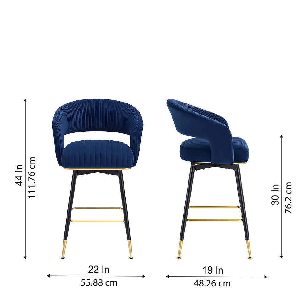 Mixoy Blue Velvet Counter Height Bar Stool with Black Metal Legs & Gold Accents