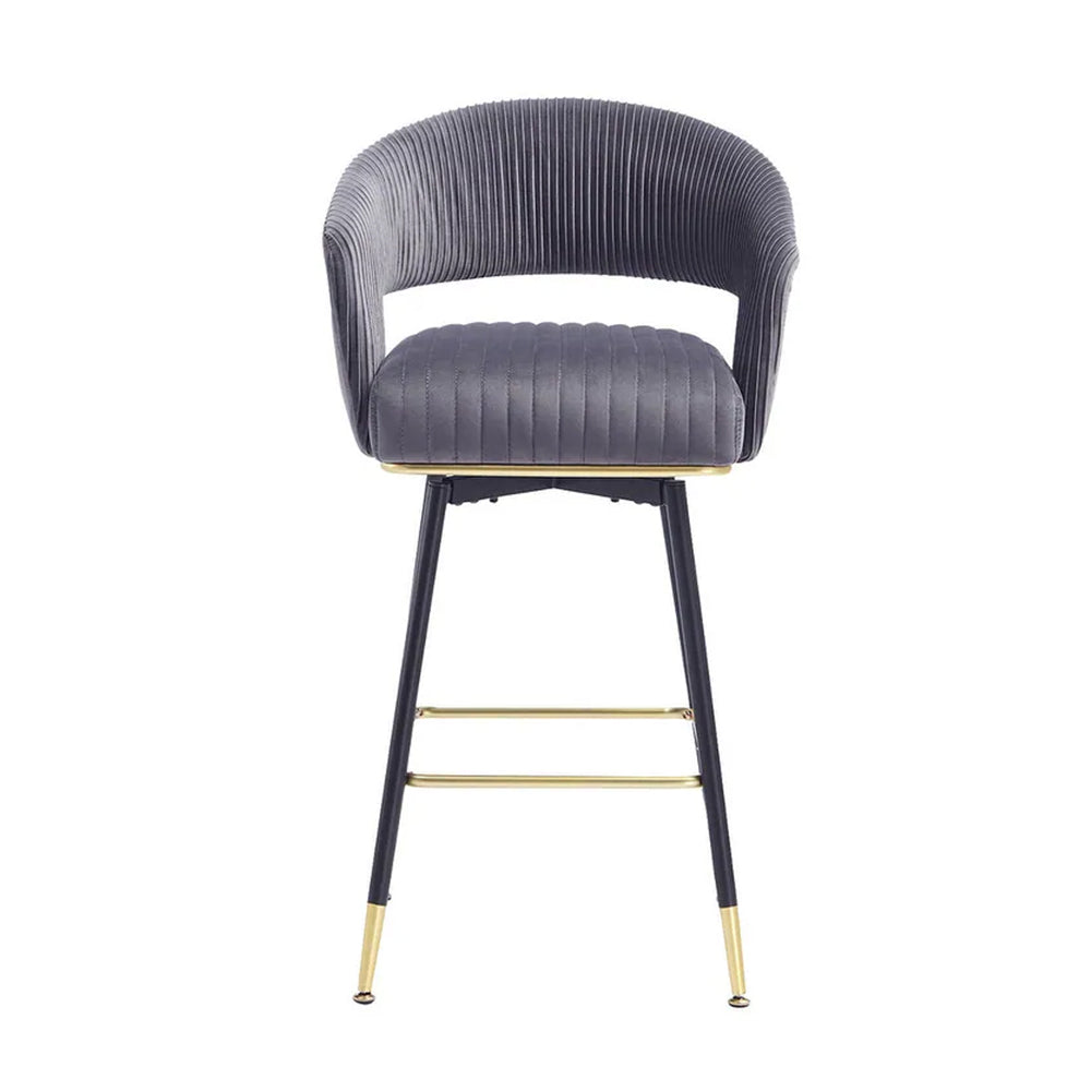 Mixoy Grey Velvet Counter Height Bar Stool with Black Metal Legs & Gold Accents