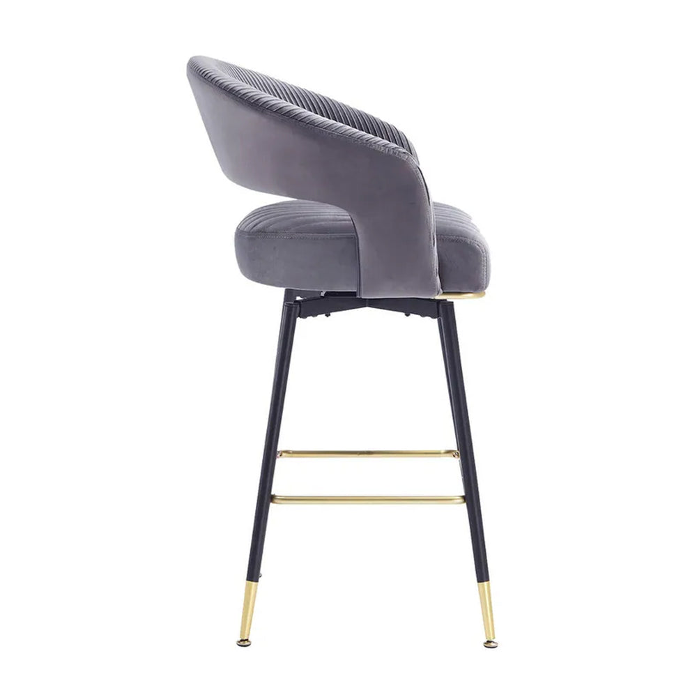 Mixoy Grey Velvet Counter Height Bar Stool with Black Metal Legs & Gold Accents