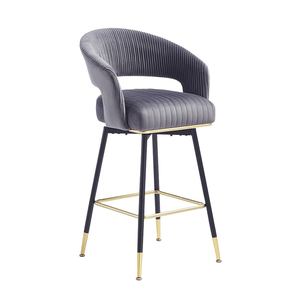 Mixoy Grey Velvet Counter Height Bar Stool with Black Metal Legs & Gold Accents