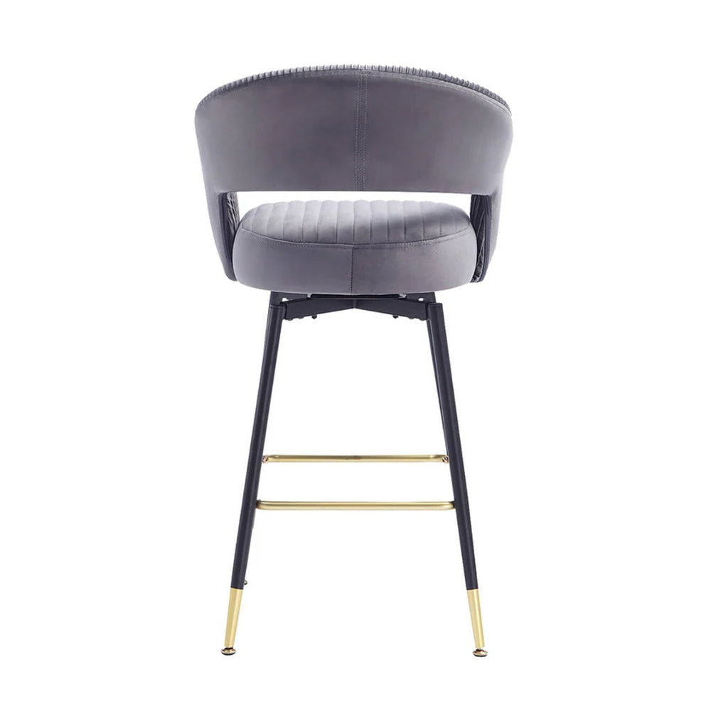 Mixoy Grey Velvet Counter Height Bar Stool with Black Metal Legs & Gold Accents
