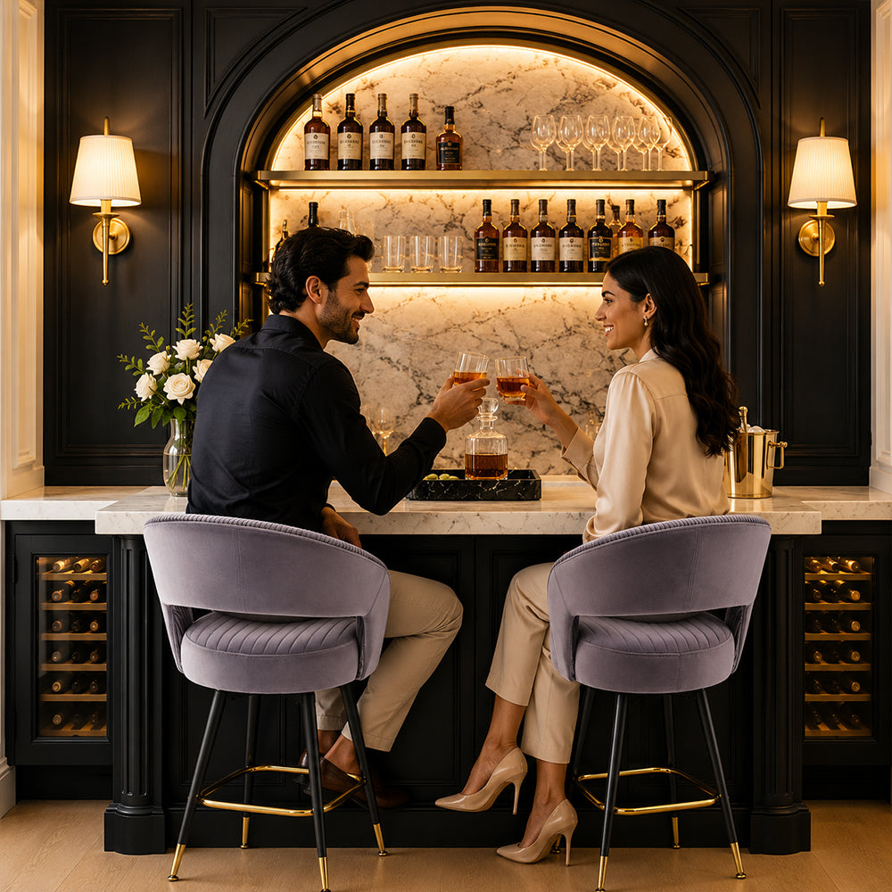 Mixoy Grey Velvet Counter Height Bar Stool with Black Metal Legs & Gold Accents