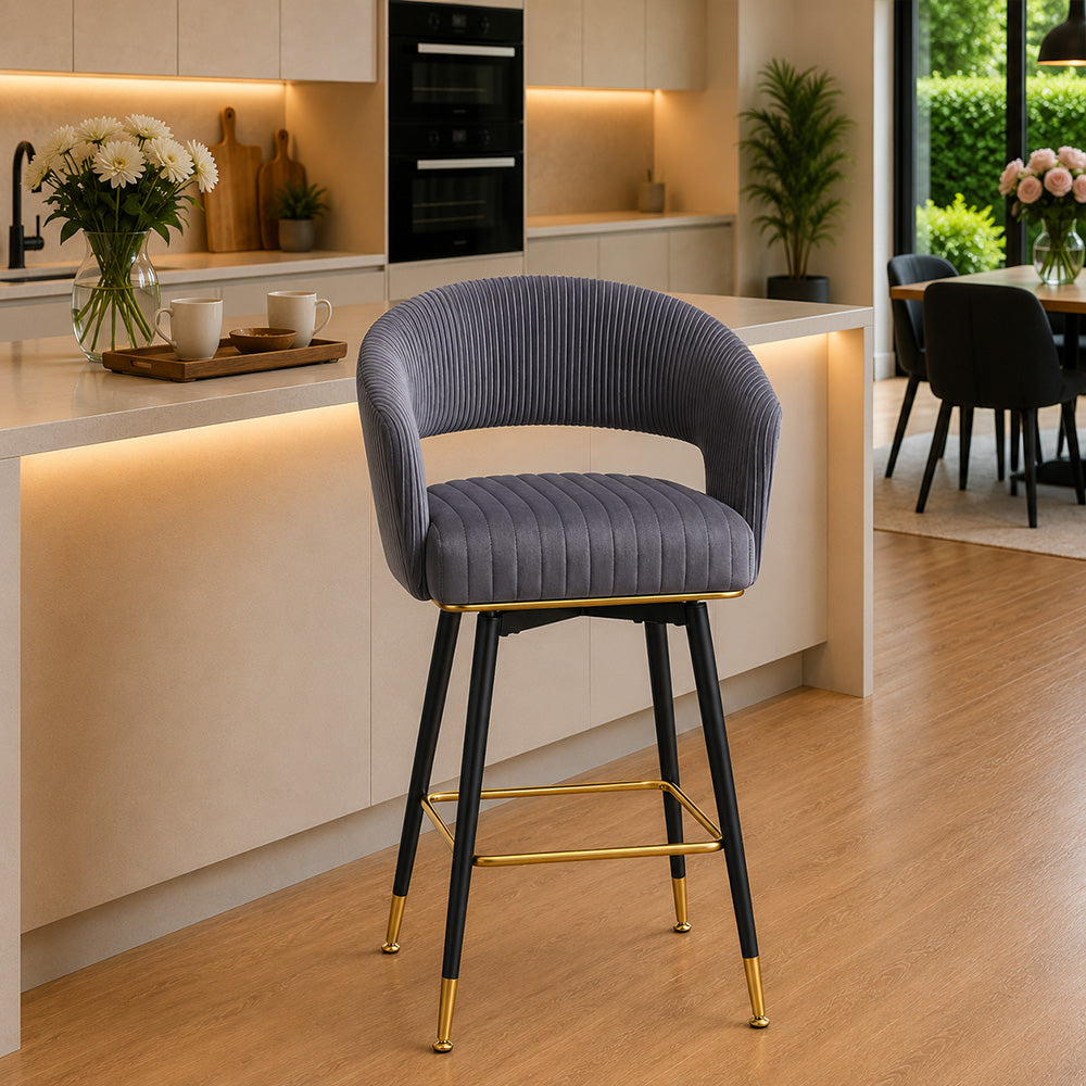 Mixoy Grey Velvet Counter Height Bar Stool with Black Metal Legs & Gold Accents
