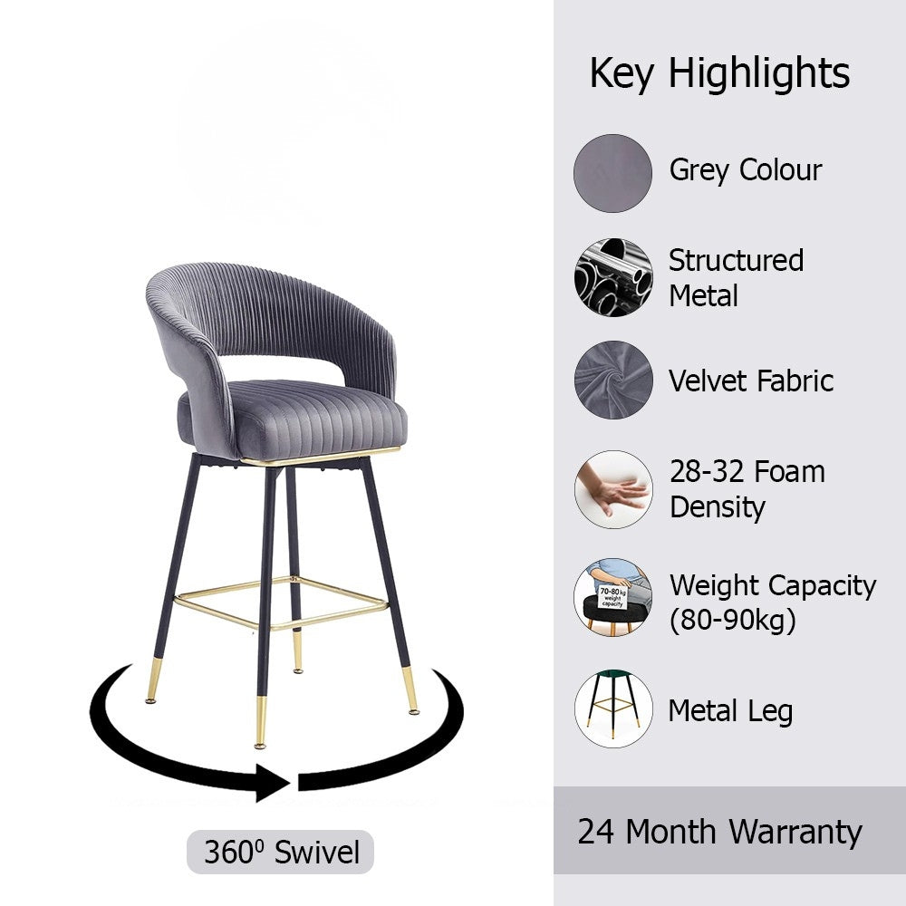 Mixoy Grey Velvet Counter Height Bar Stool with Black Metal Legs & Gold Accents