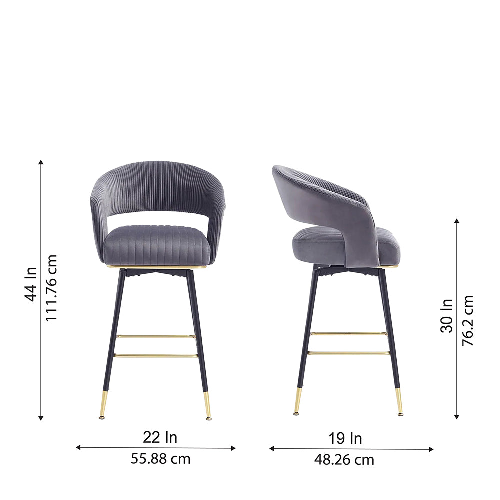 Mixoy Grey Velvet Counter Height Bar Stool with Black Metal Legs & Gold Accents
