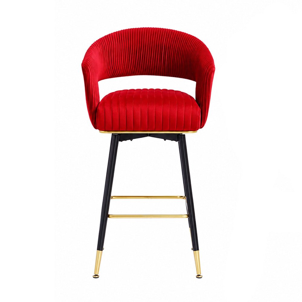Mixoy Red Velvet Counter Height Bar Stool with Black Metal Legs & Gold Accents