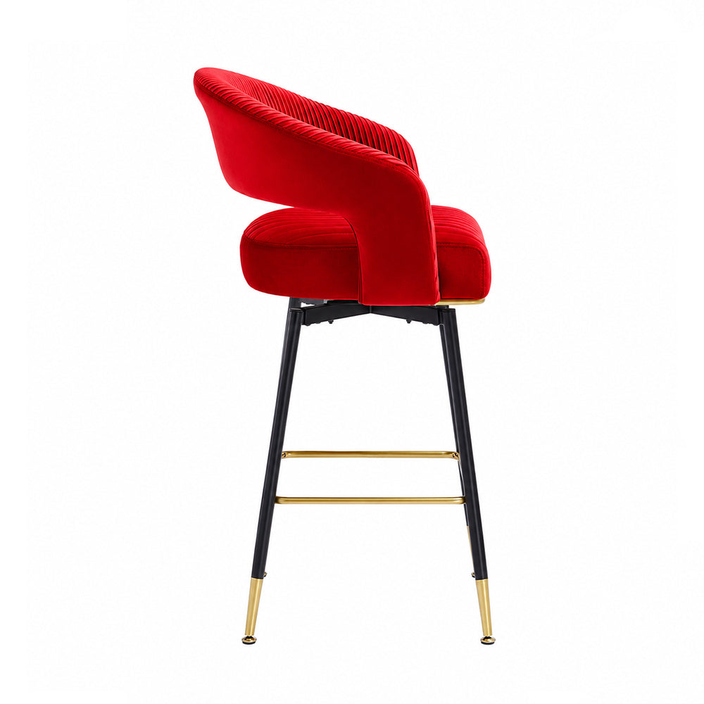 Mixoy Red Velvet Counter Height Bar Stool with Black Metal Legs & Gold Accents