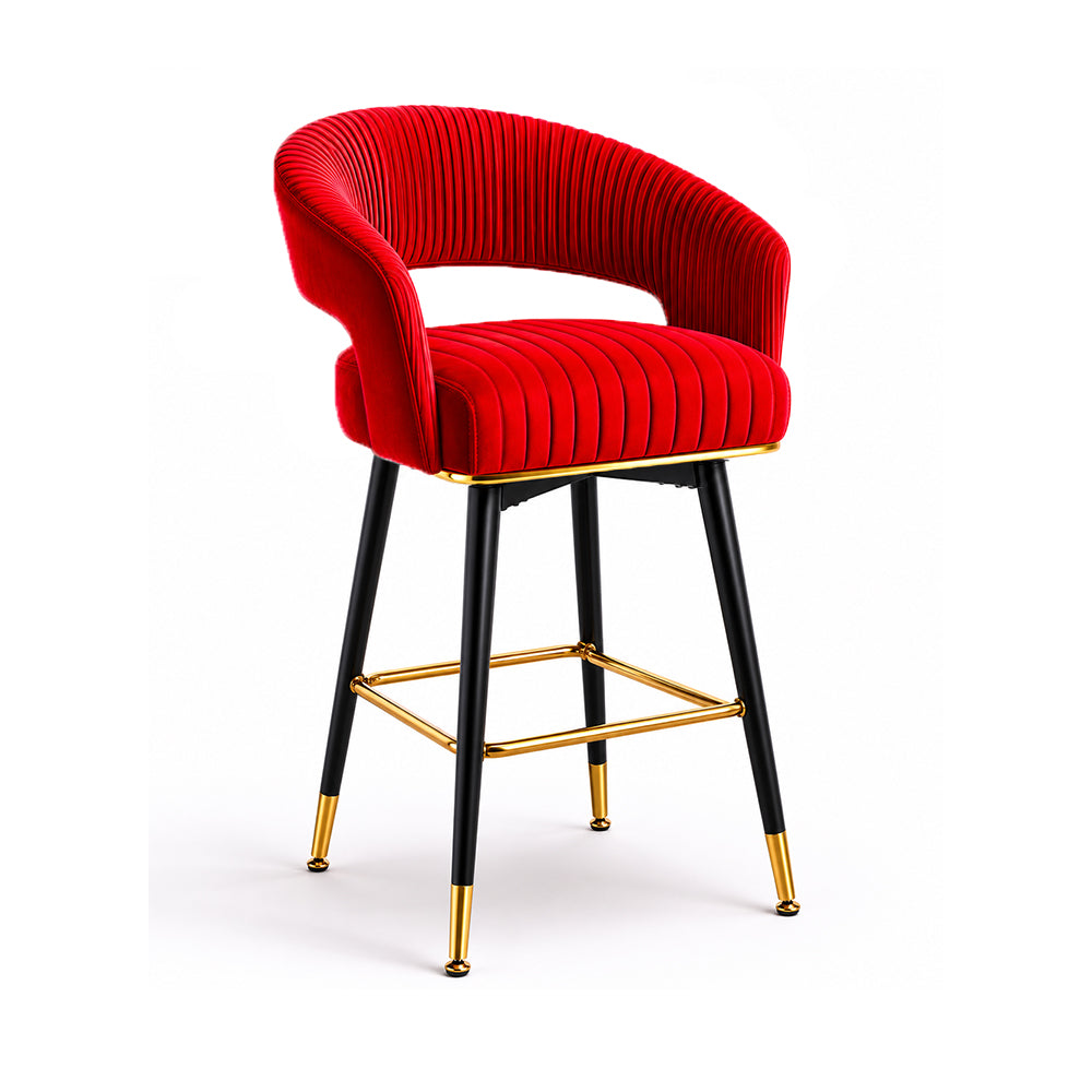 Mixoy Red Velvet Counter Height Bar Stool with Black Metal Legs & Gold Accents