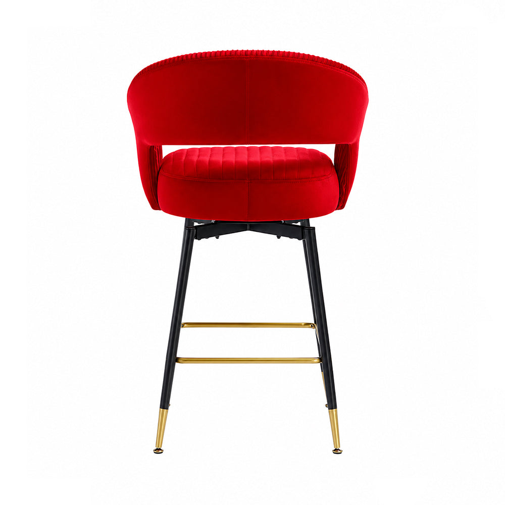 Mixoy Red Velvet Counter Height Bar Stool with Black Metal Legs & Gold Accents