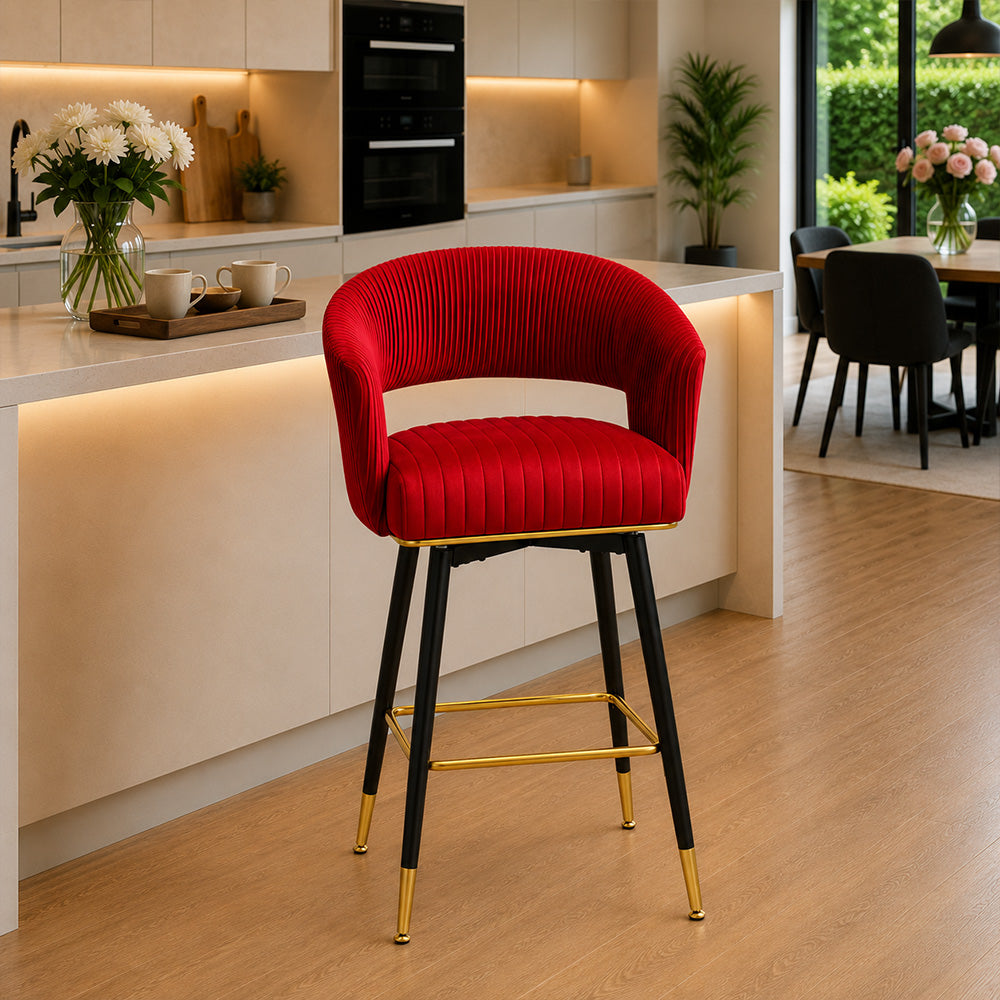 Mixoy Red Velvet Counter Height Bar Stool with Black Metal Legs & Gold Accents