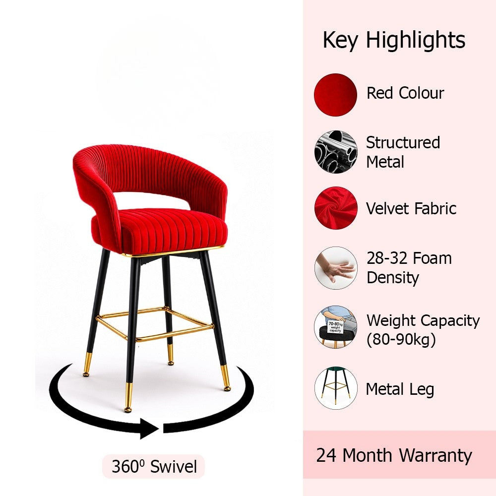 Mixoy Red Velvet Counter Height Bar Stool with Black Metal Legs & Gold Accents