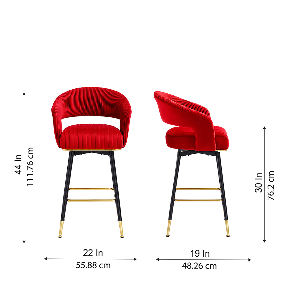 Mixoy Red Velvet Counter Height Bar Stool with Black Metal Legs & Gold Accents