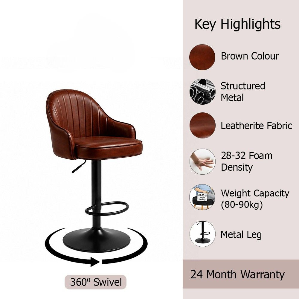Kaelis Brown Faux Leather Adjustable Swivel Bar Stool with Black Hydraulic Base