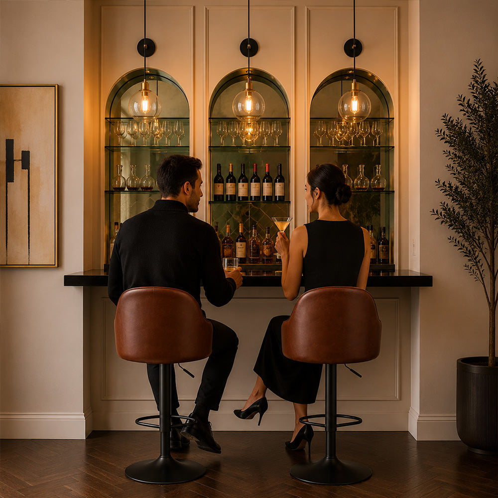 Kaelis Brown Faux Leather Adjustable Swivel Bar Stool with Black Hydraulic Base