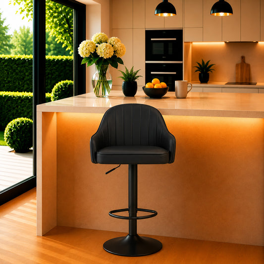 Kaelis Black Faux Leather Adjustable Swivel Bar Stool with Black Hydraulic Base