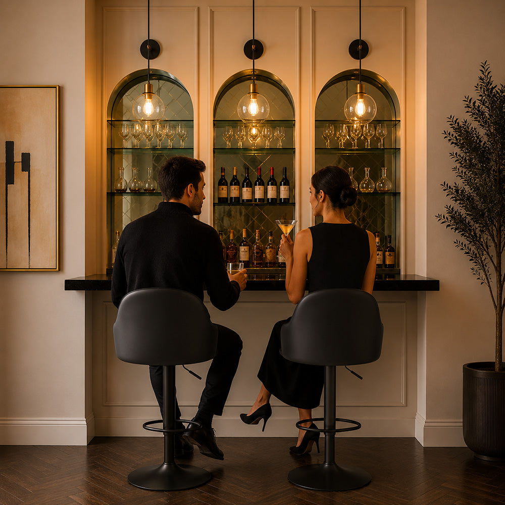 Kaelis Black Faux Leather Adjustable Swivel Bar Stool with Black Hydraulic Base