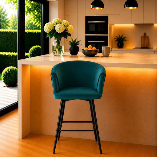 Zevron Teal Velvet Counter Height Bar Stool with Black Metal Legs