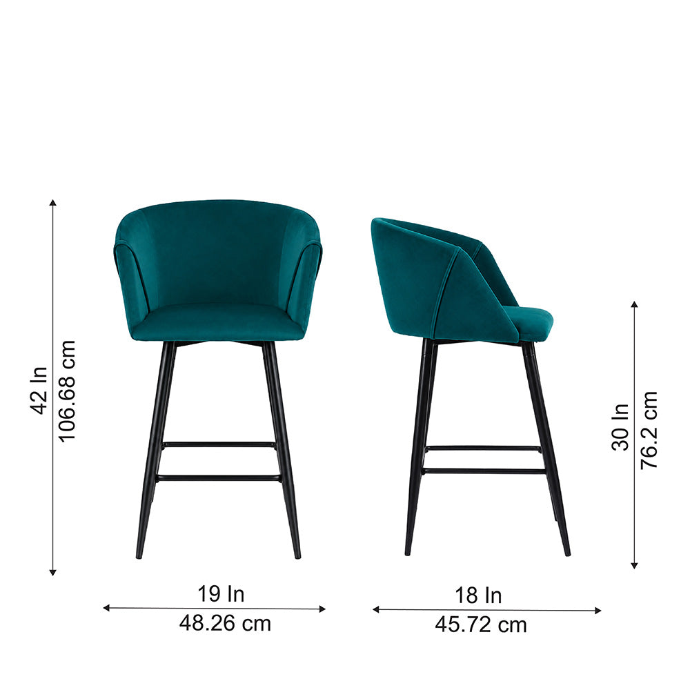Zevron Teal Velvet Counter Height Bar Stool with Black Metal Legs