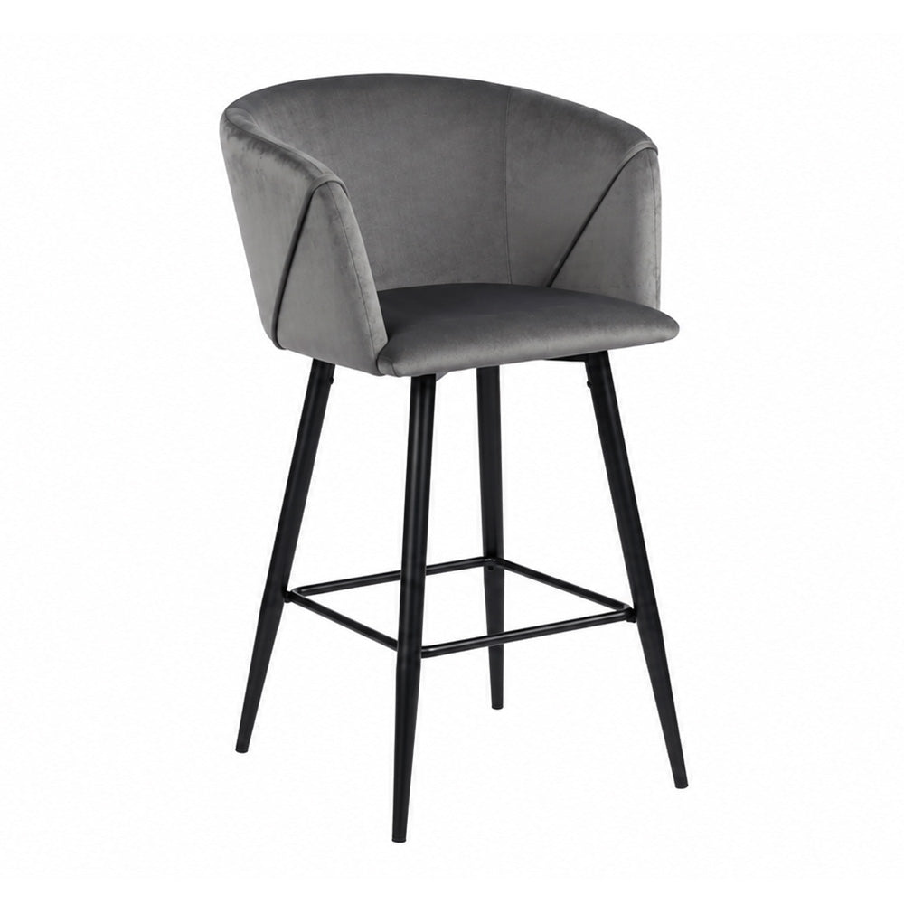 Zevron Grey Velvet Counter Height Bar Stool with Black Metal Legs