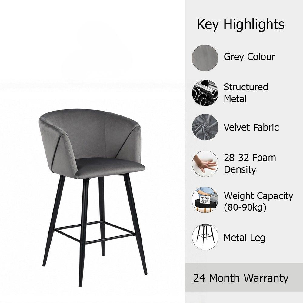 Zevron Grey Velvet Counter Height Bar Stool with Black Metal Legs
