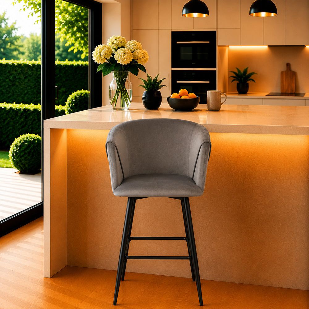 Zevron Grey Velvet Counter Height Bar Stool with Black Metal Legs