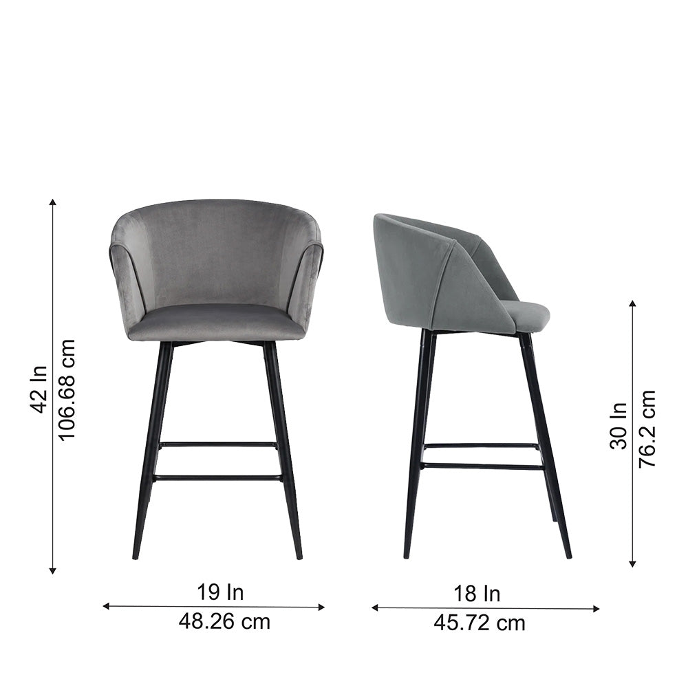 Zevron Grey Velvet Counter Height Bar Stool with Black Metal Legs