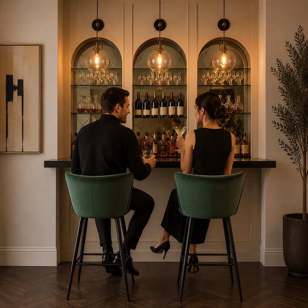 Zevron Green Velvet Counter Height Bar Stool with Black Metal Legs