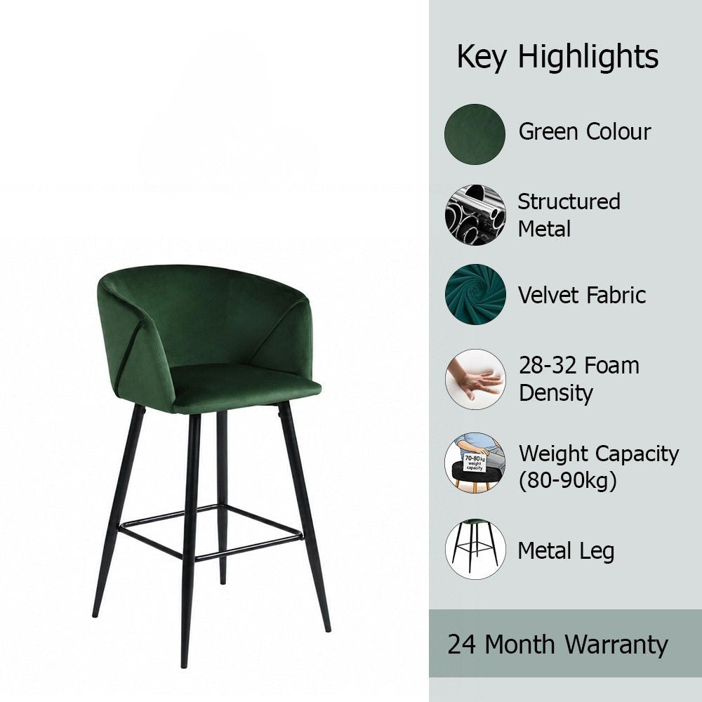 Zevron Green Velvet Counter Height Bar Stool with Black Metal Legs