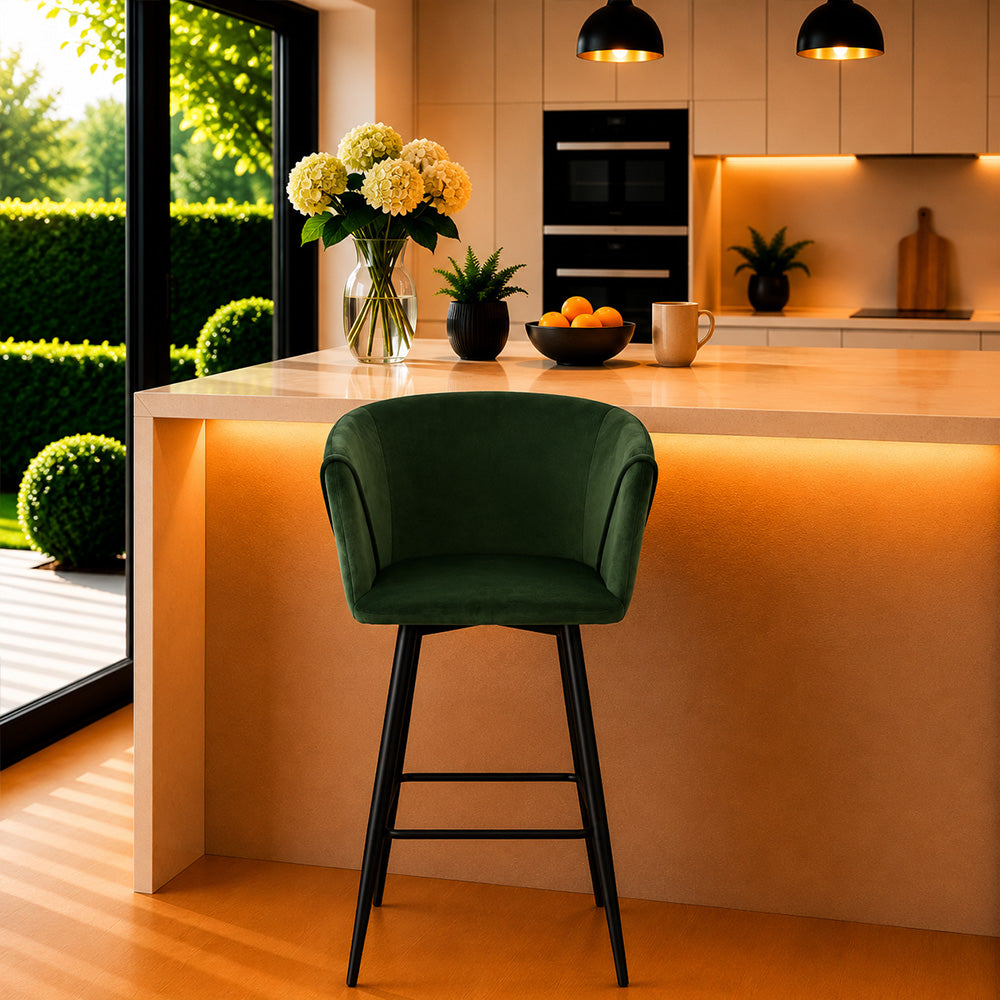 Zevron Green Velvet Counter Height Bar Stool with Black Metal Legs