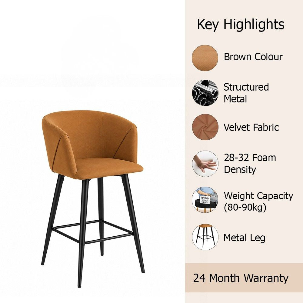 Zevron Brown Velvet Counter Height Bar Stool with Black Metal Legs