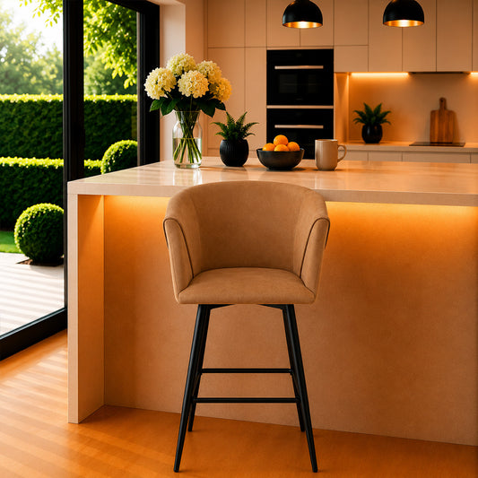 Zevron Brown Velvet Counter Height Bar Stool with Black Metal Legs