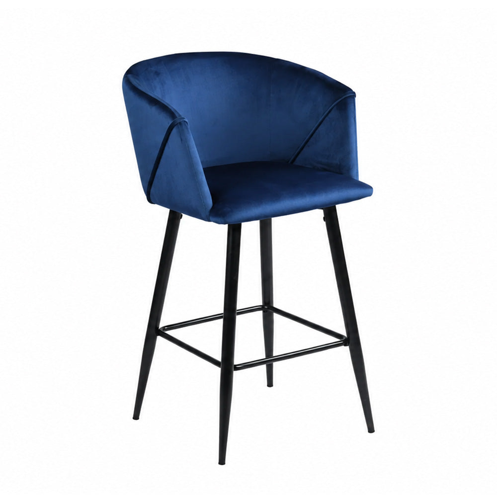 Zevron Blue Velvet Counter Height Bar Stool with Black Metal Legs