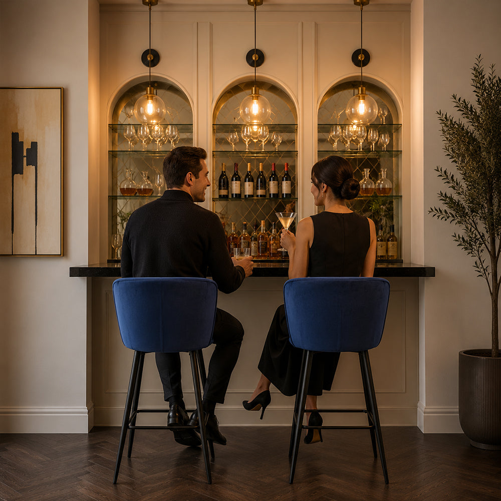 Zevron Blue Velvet Counter Height Bar Stool with Black Metal Legs